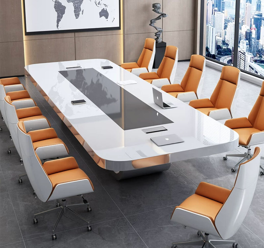 烤漆会议桌长桌简约白色轻奢办公桌大型时尚洽谈桌桌椅组合批发